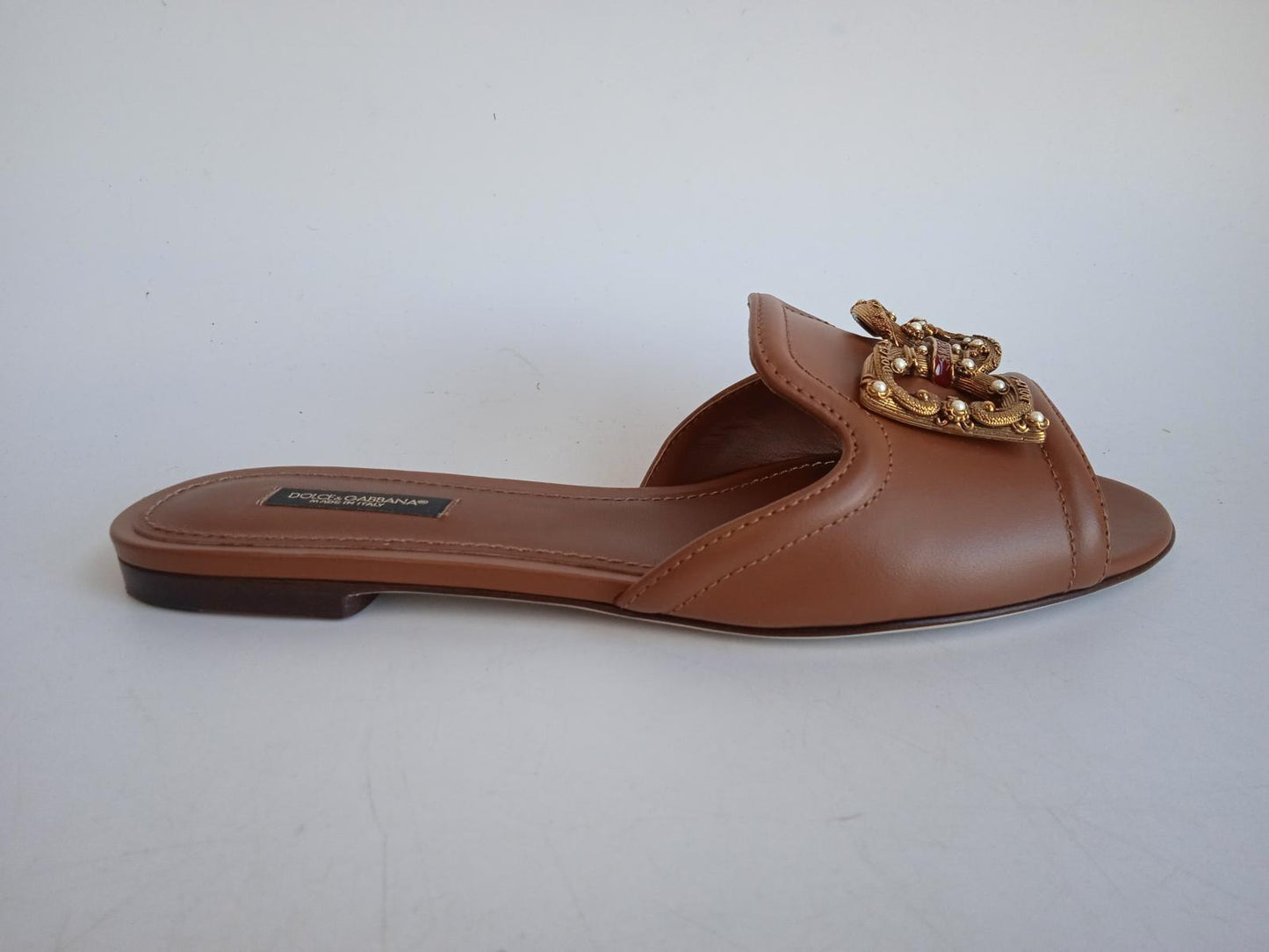 DOLCE & GABBANA Ladies Brown Leather DG Amore Flat Sandals EU38 UK5 NEW