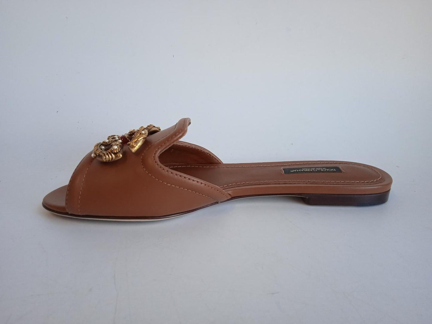 DOLCE & GABBANA Ladies Brown Leather DG Amore Flat Sandals EU38 UK5 NEW