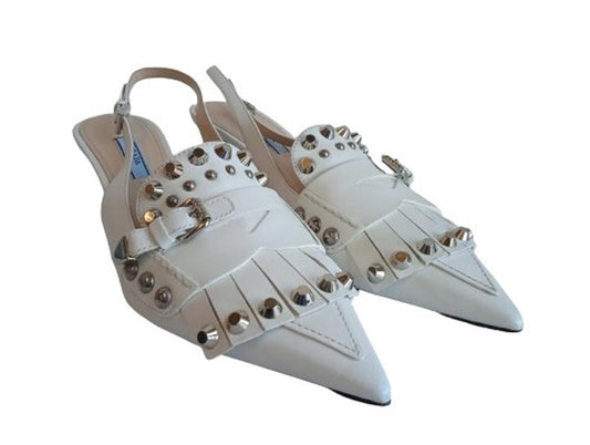 PRADA Ladies White Leather Studded Fringed Slingback Pumps Size EU40 UK7 NEW