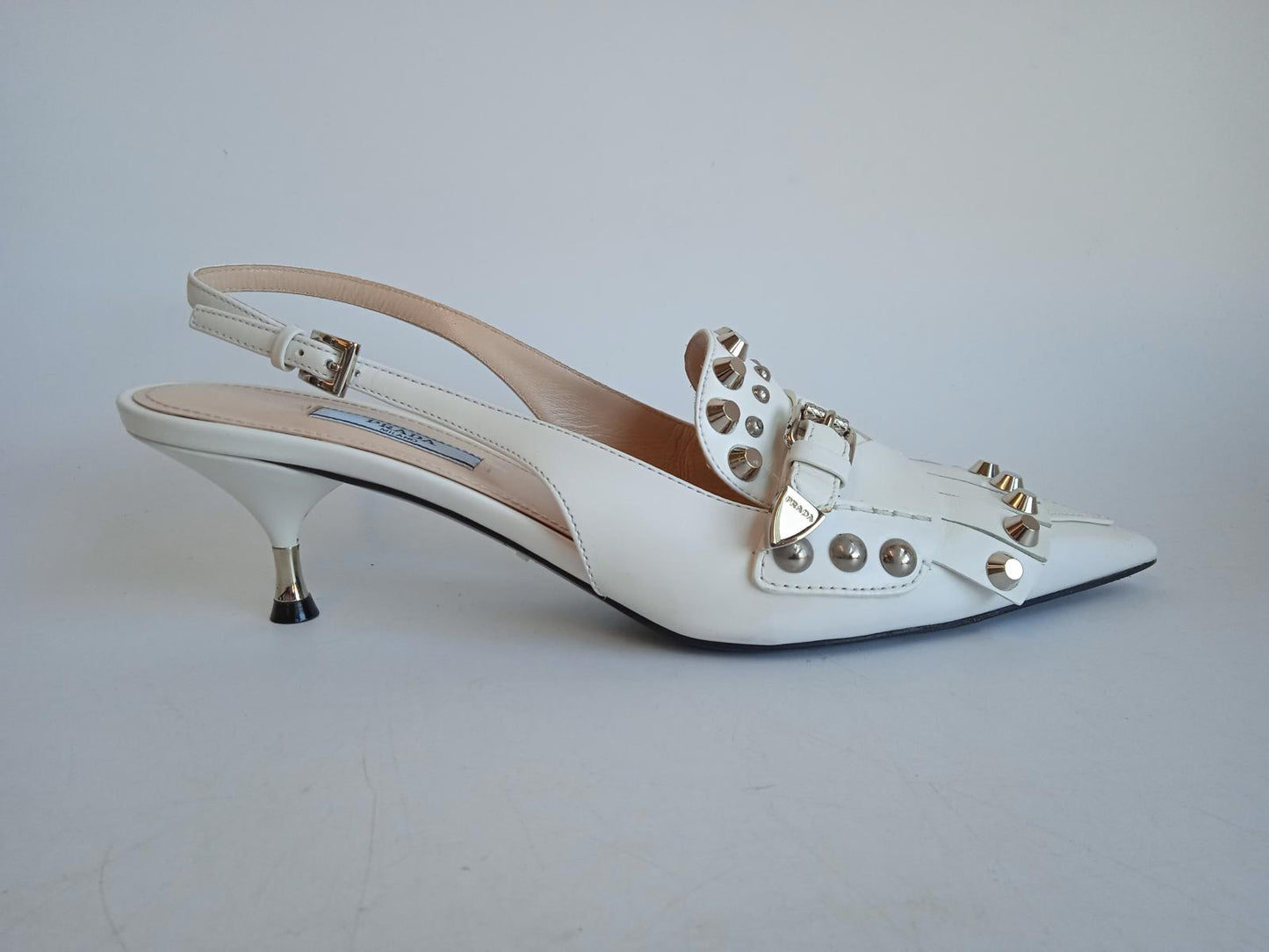 PRADA Ladies White Leather Studded Fringed Slingback Pumps Size EU40 UK7 NEW