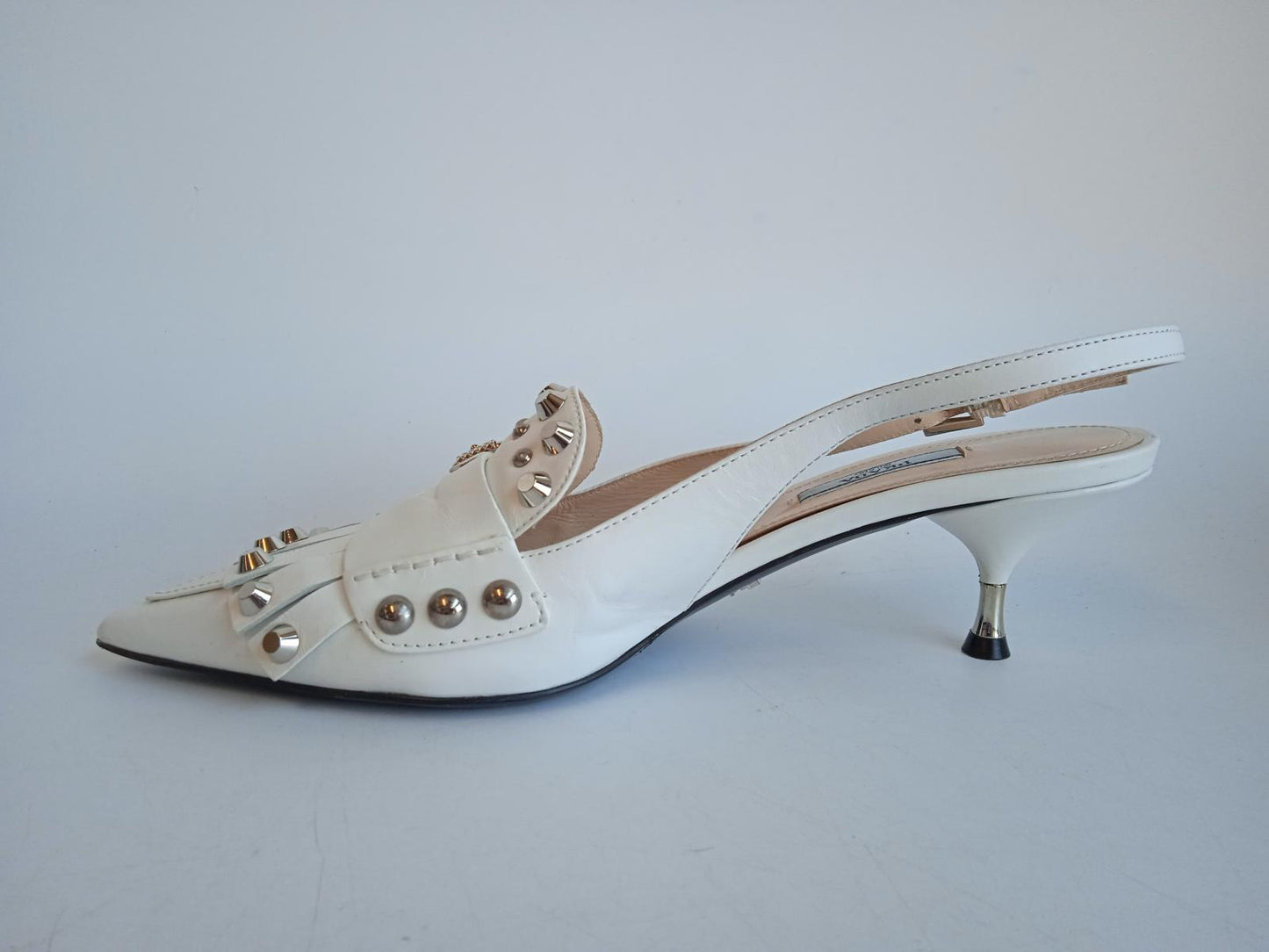 PRADA Ladies White Leather Studded Fringed Slingback Pumps Size EU40 UK7 NEW