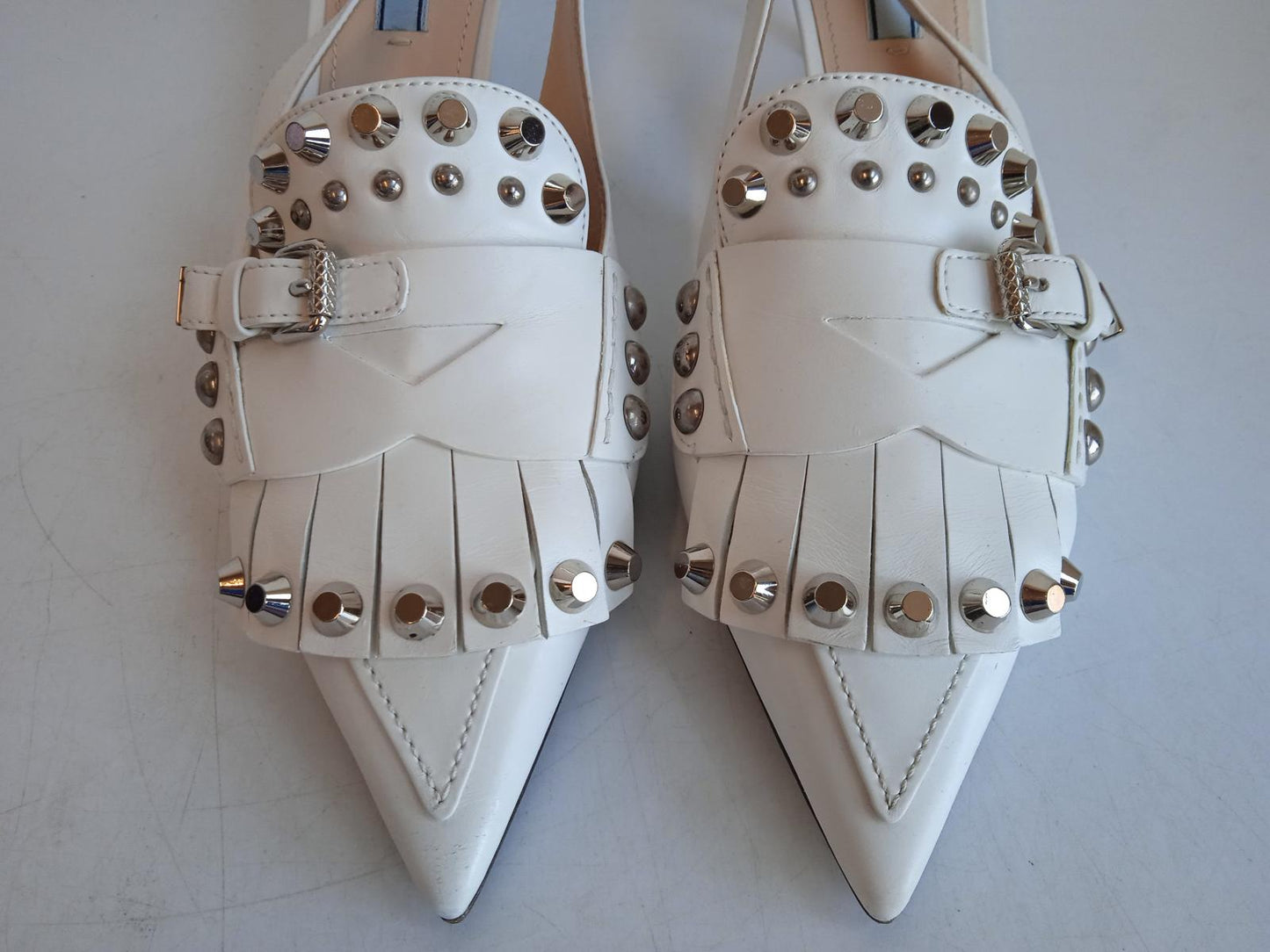 PRADA Ladies White Leather Studded Fringed Slingback Pumps Size EU40 UK7 NEW