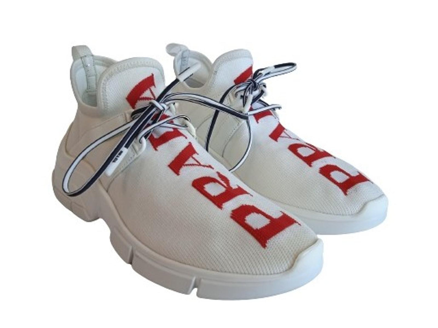 PRADA Ladies White & Red Fabric Knitted XY Logo Lace-Up Trainers EU35 UK2 NEW