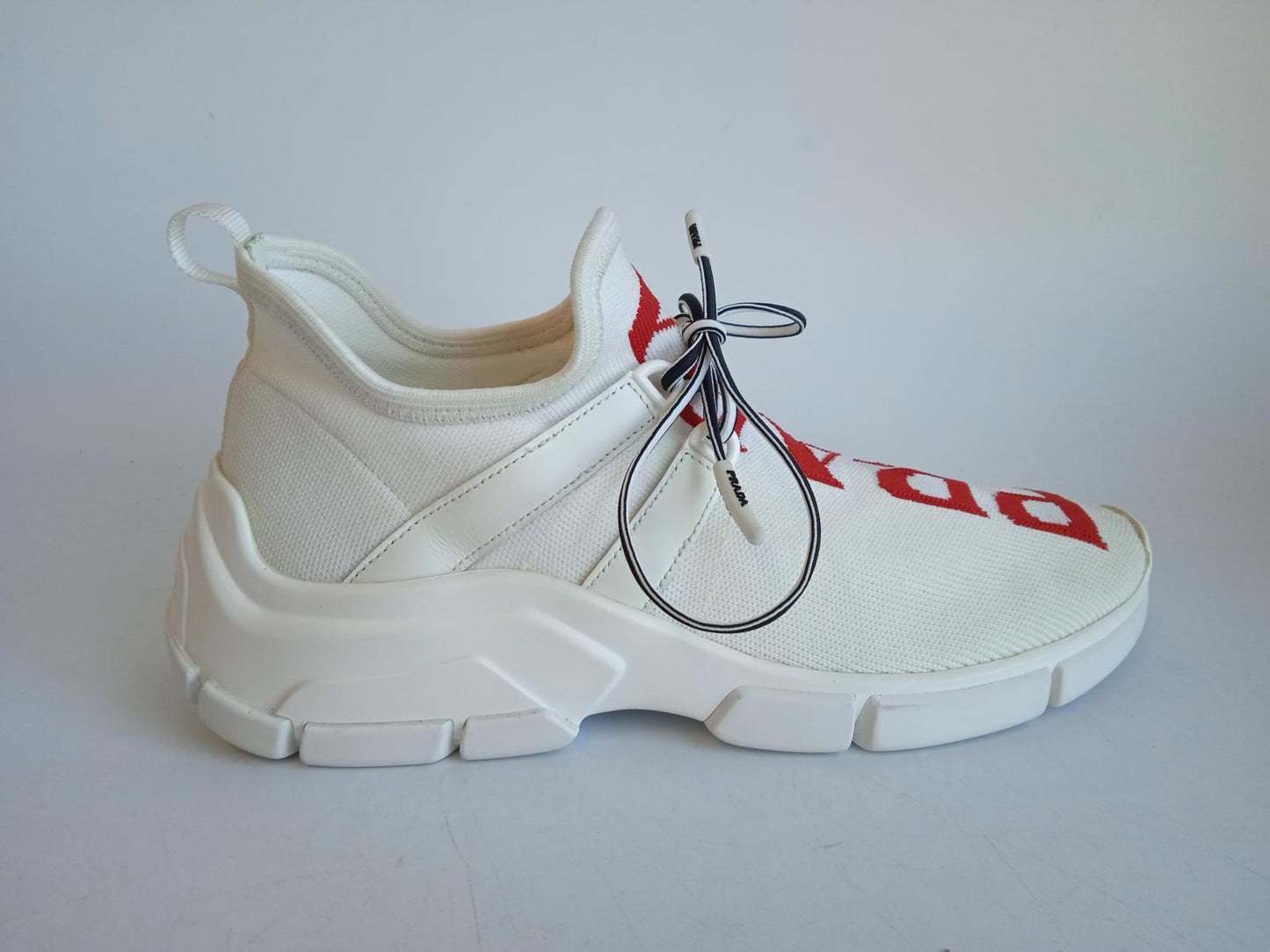 PRADA Ladies White & Red Fabric Knitted XY Logo Lace-Up Trainers EU35 UK2 NEW