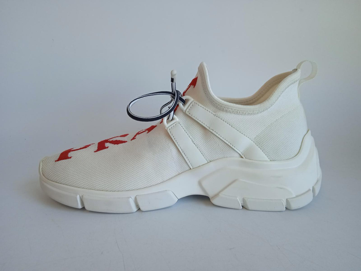 PRADA Ladies White & Red Fabric Knitted XY Logo Lace-Up Trainers EU35 UK2 NEW