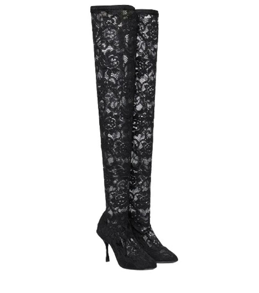 DOLCE & GABBANA Ladies Black Stretch Lace Ove-The-Knee Boots EU38 UK5 NEW