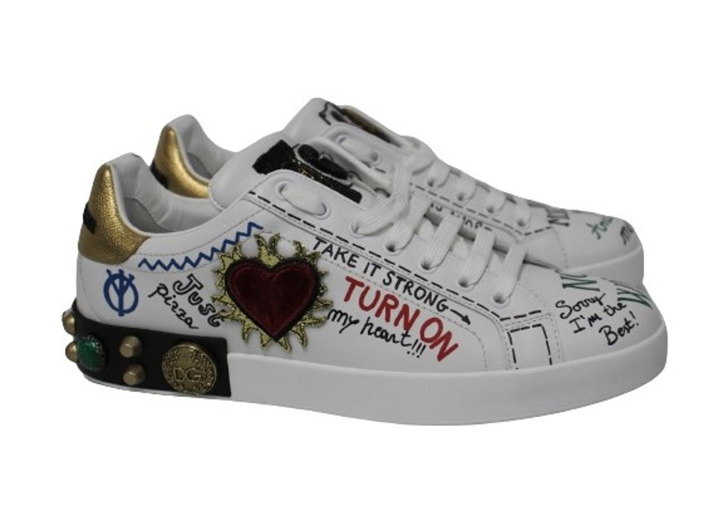 DOLCE & GABBANA Men's White Leather Portofino Embroidered Sneakers UK9 NEW