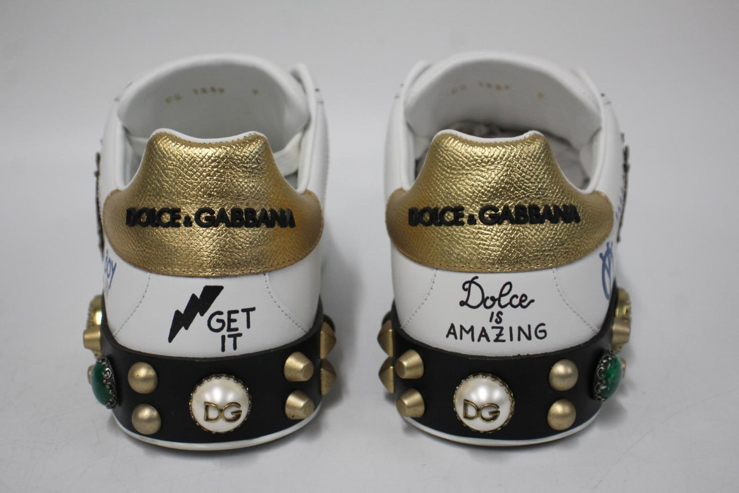DOLCE & GABBANA Men's White Leather Portofino Embroidered Sneakers UK9 NEW