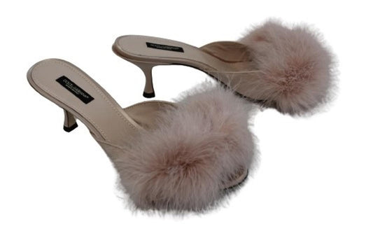 DOLCE & GABBANA Ladies Pink Satin Feather Trim Keira Mules EU38.5 UK5.5 NEW