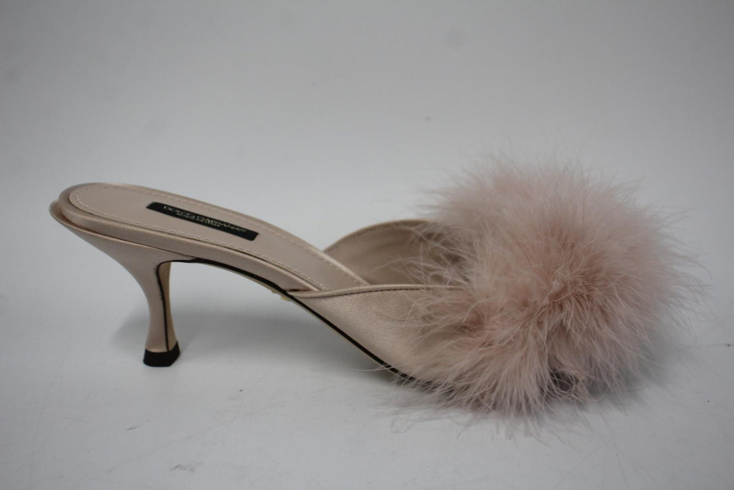 DOLCE & GABBANA Ladies Pink Satin Feather Trim Keira Mules EU38.5 UK5.5 NEW