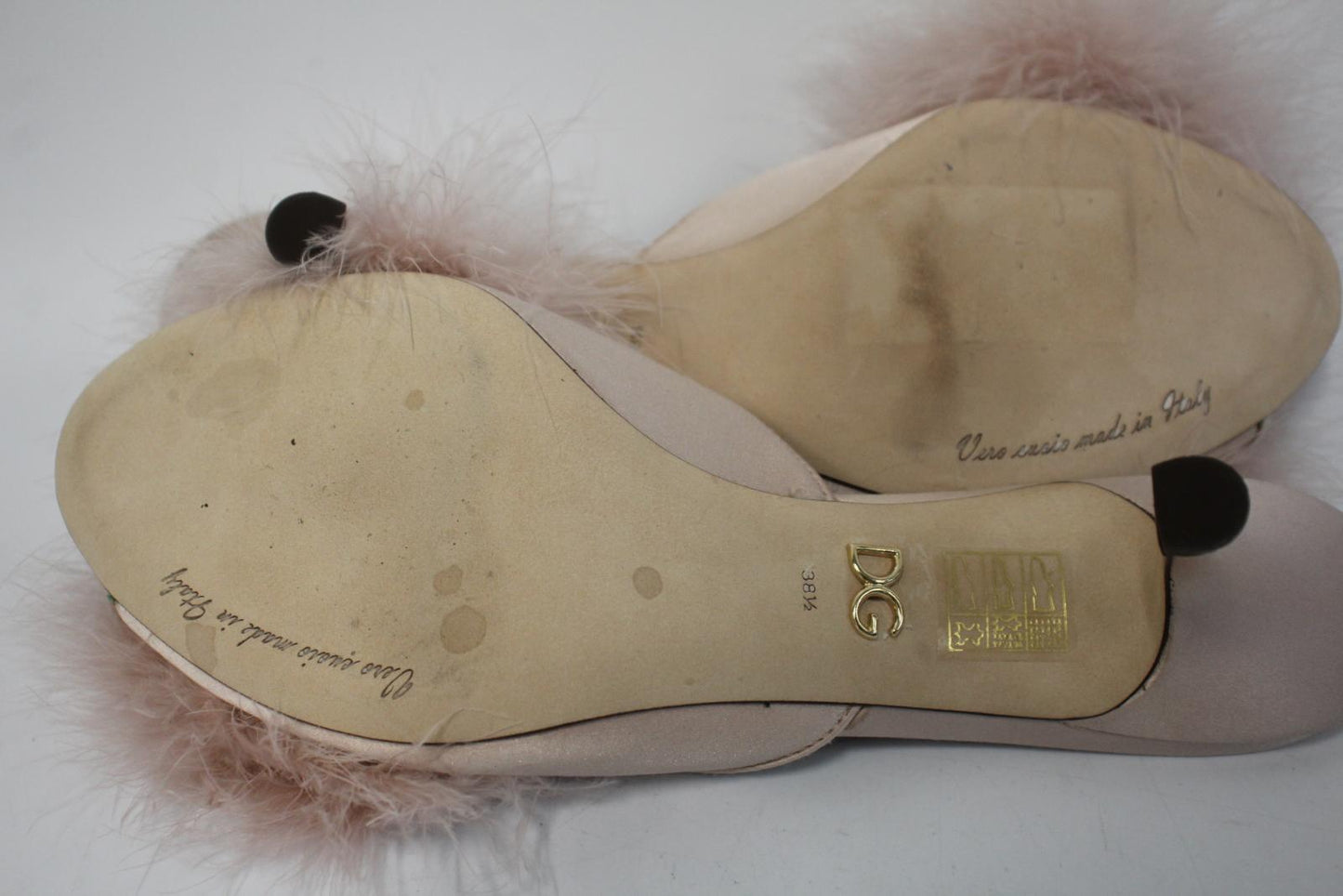 DOLCE & GABBANA Ladies Pink Satin Feather Trim Keira Mules EU38.5 UK5.5 NEW