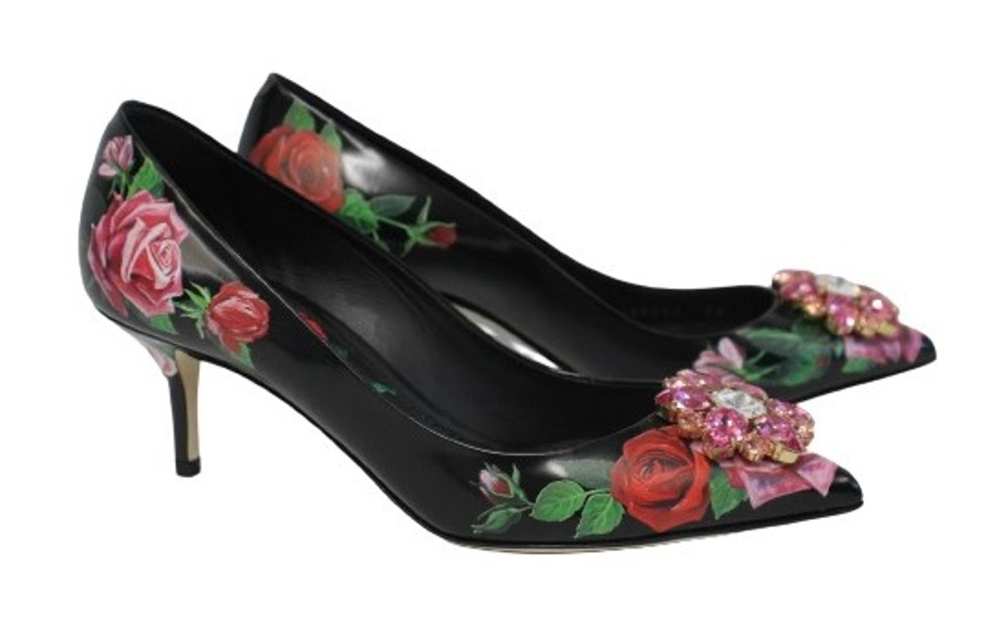 DOLCE & GABBANA Ladies Black Leather Floral Crystal Toe Shoes EU39 UK6 NEW