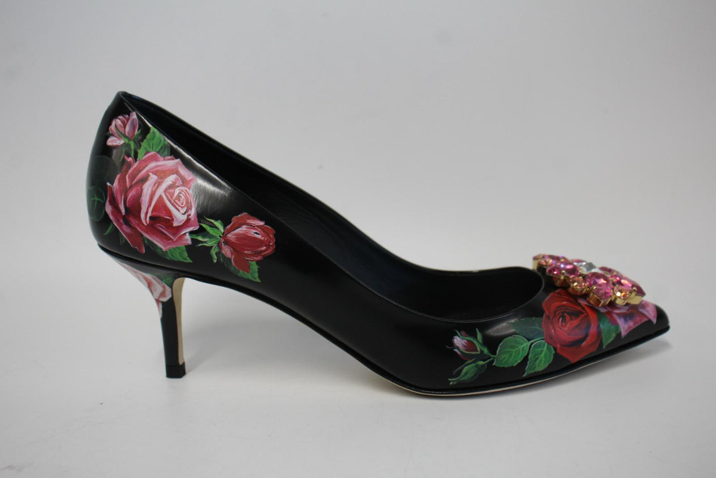 DOLCE & GABBANA Ladies Black Leather Floral Crystal Toe Shoes EU39 UK6 NEW