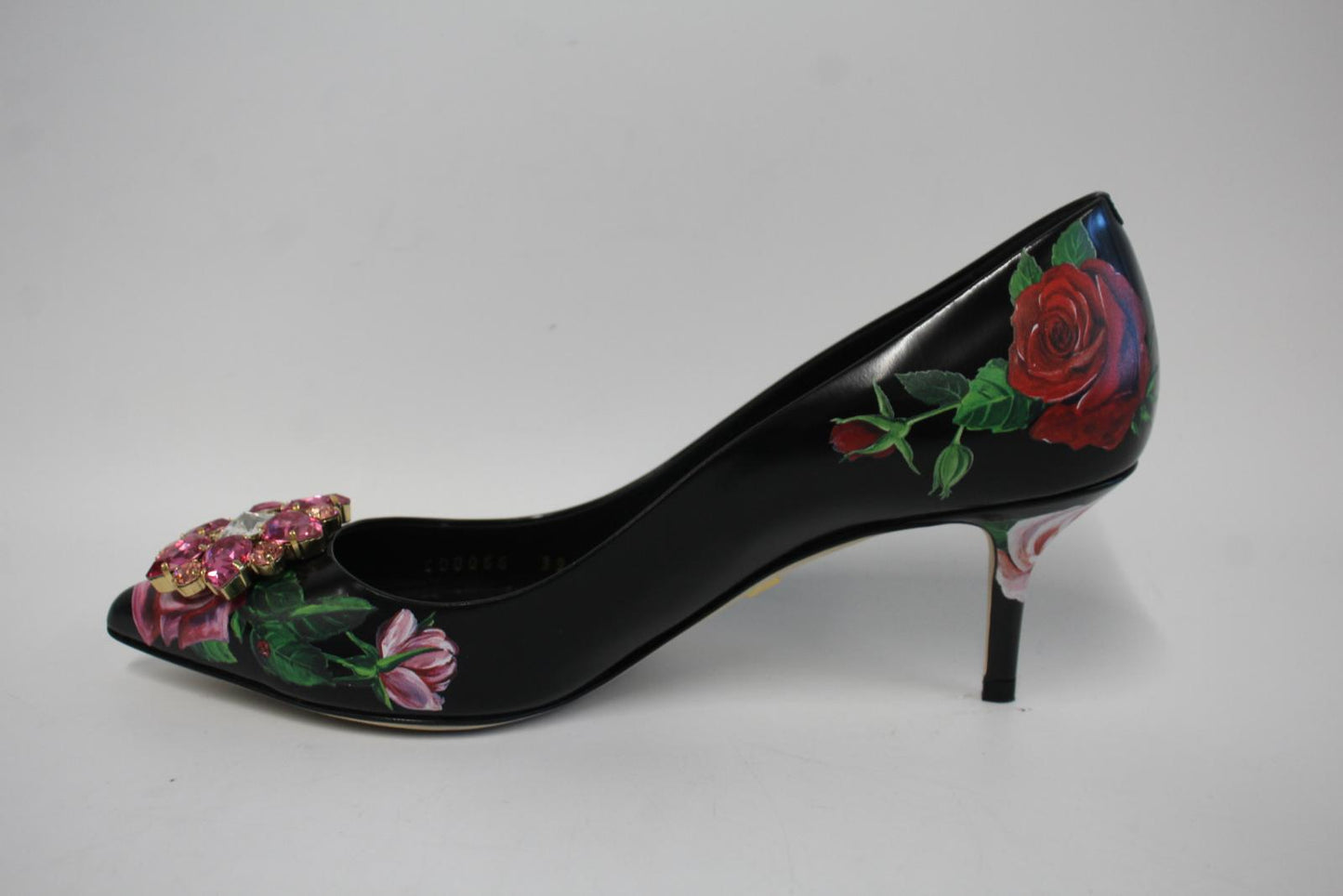DOLCE & GABBANA Ladies Black Leather Floral Crystal Toe Shoes EU39 UK6 NEW