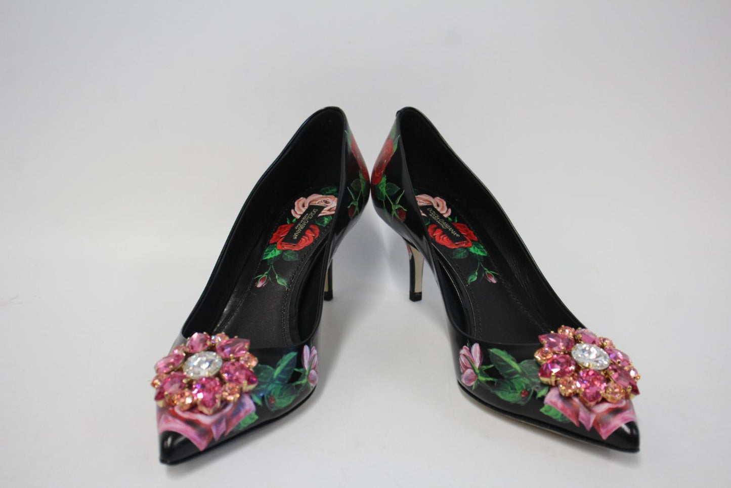 DOLCE & GABBANA Ladies Black Leather Floral Crystal Toe Shoes EU39 UK6 NEW