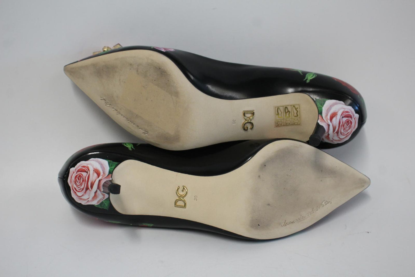 DOLCE & GABBANA Ladies Black Leather Floral Crystal Toe Shoes EU39 UK6 NEW