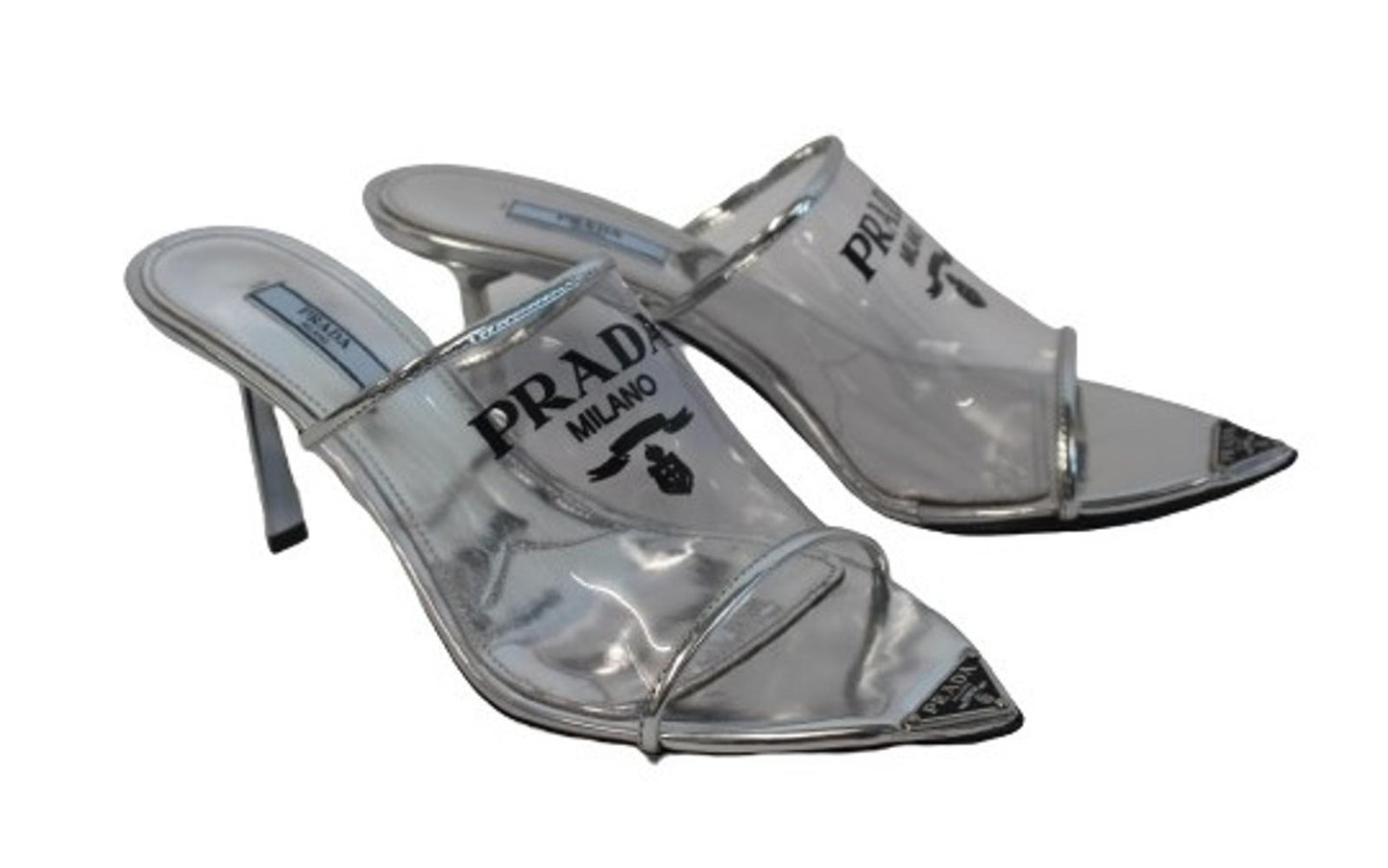 PRADA Ladies Silver Patent Leather Clear PVC Mule Sandals EU39.5 UK6.5 NEW