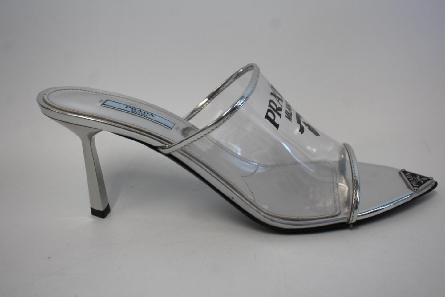 PRADA Ladies Silver Patent Leather Clear PVC Mule Sandals EU39.5 UK6.5 NEW