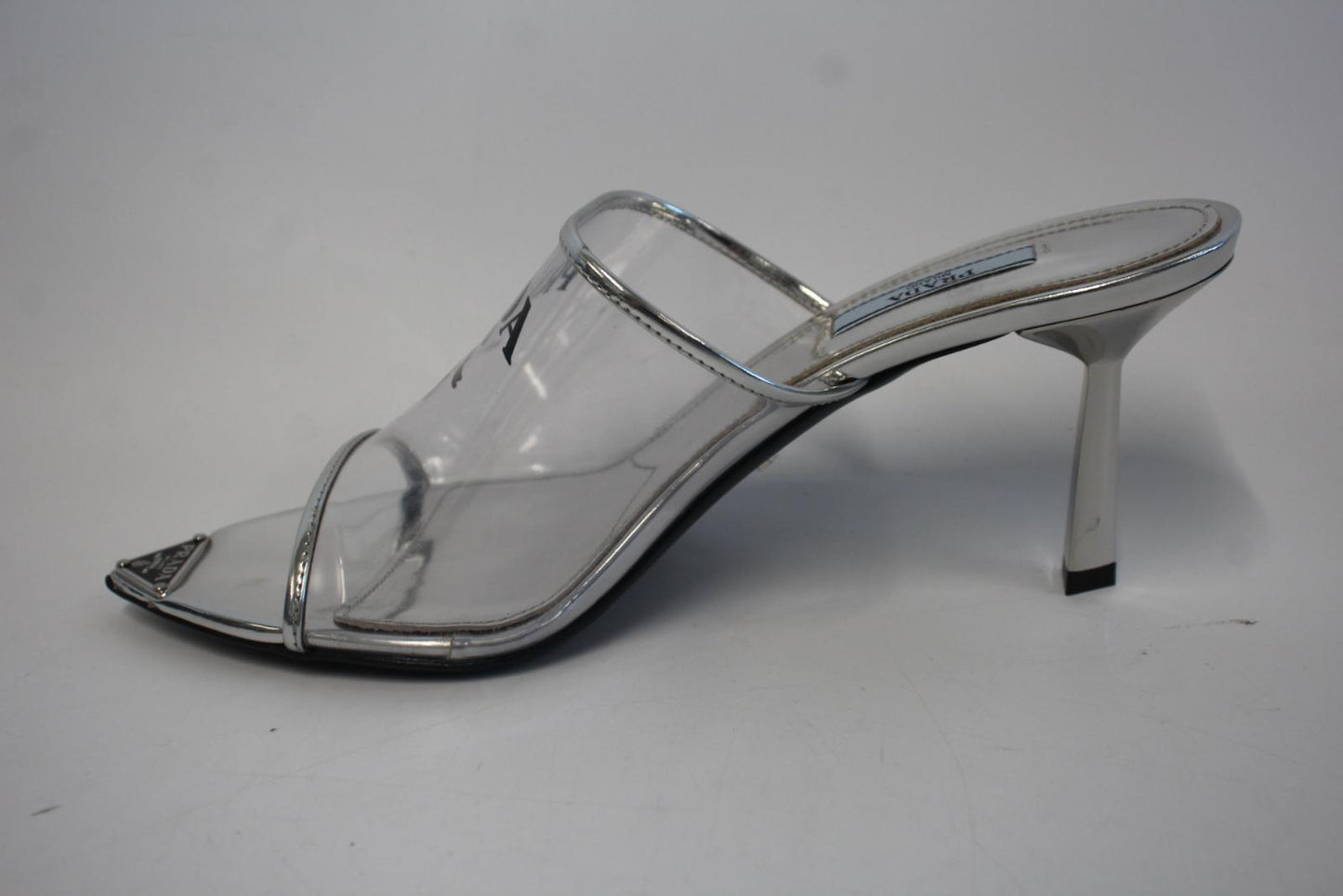 PRADA Ladies Silver Patent Leather Clear PVC Mule Sandals EU39.5 UK6.5 NEW