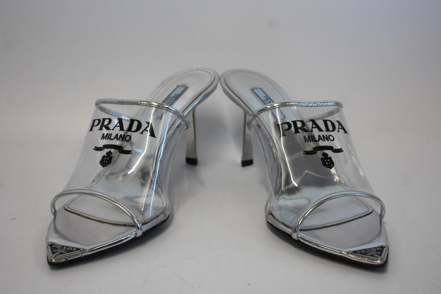 PRADA Ladies Silver Patent Leather Clear PVC Mule Sandals EU39.5 UK6.5 NEW