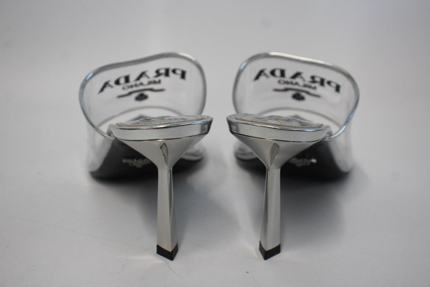 PRADA Ladies Silver Patent Leather Clear PVC Mule Sandals EU39.5 UK6.5 NEW