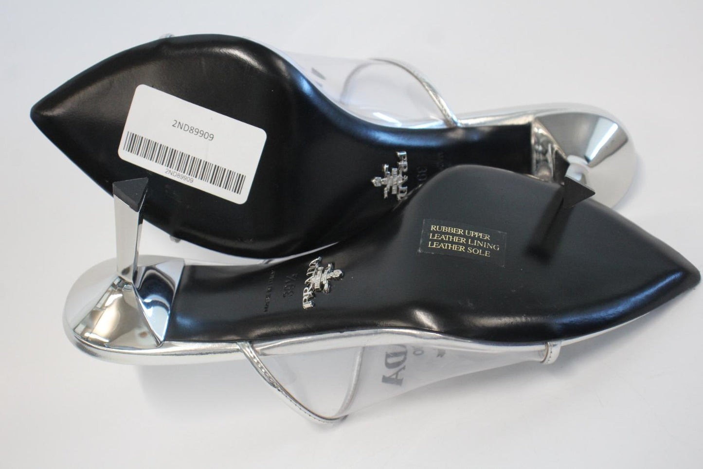 PRADA Ladies Silver Patent Leather Clear PVC Mule Sandals EU39.5 UK6.5 NEW