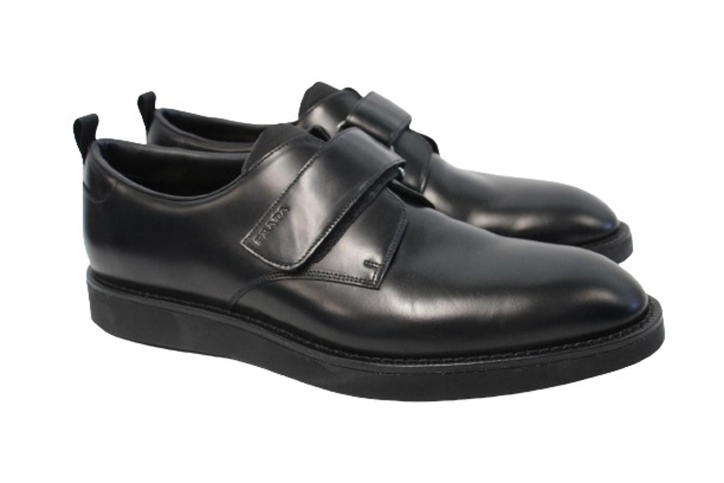 PRADA Men's Black Smooth Leather Monk Strap Almond Toe Shoes Size UK8 NEW