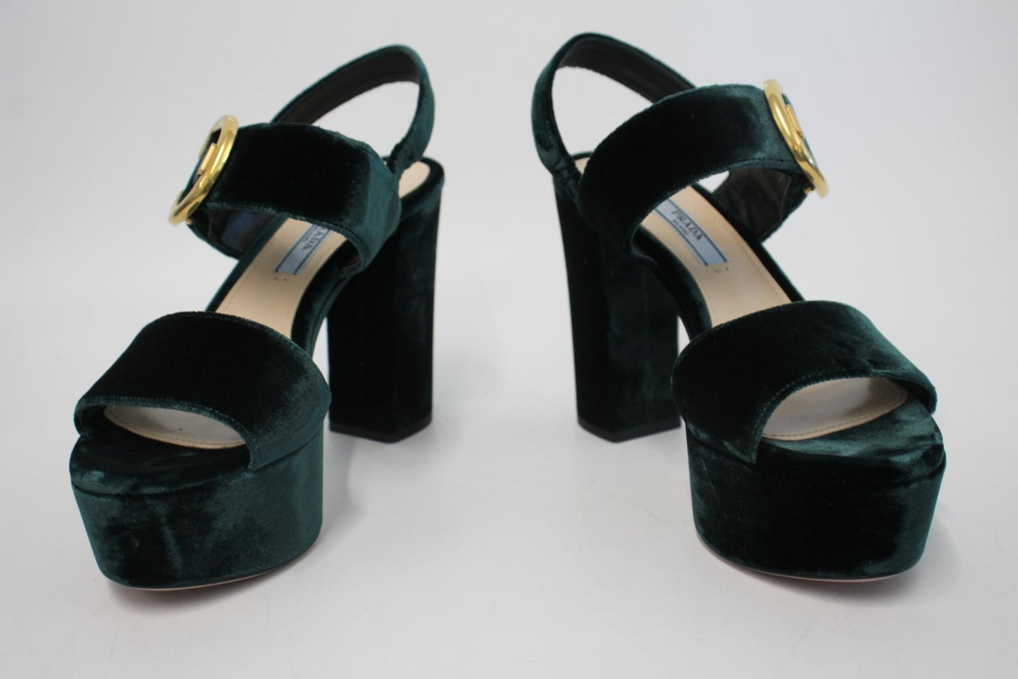 PRADA Ladies Bottle Green Velvet Ankle Strap Platform Sandals EU36 UK3 NEW