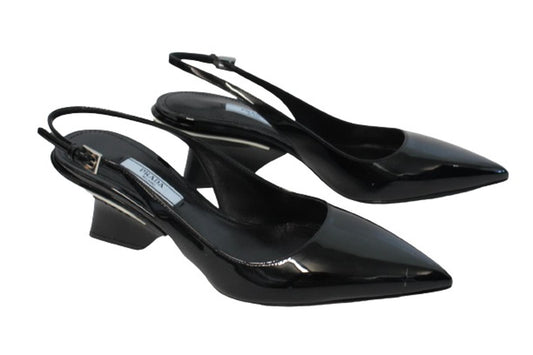 PRADA Ladies Black Patent Leather Pointed Toe Slingback Pumps EU37 UK4 NEW
