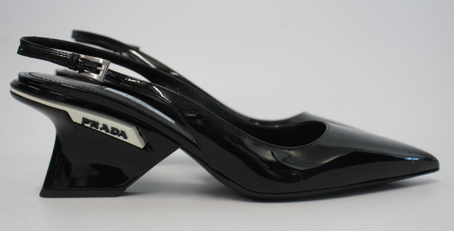 PRADA Ladies Black Patent Leather Pointed Toe Slingback Pumps EU37 UK4 NEW