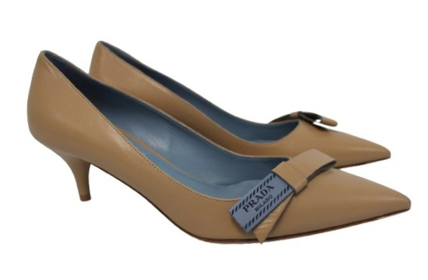 PRADA Ladies Tan Brown Leather Pointed Toe Kitten Heel Pumps Shoes EU38 UK5 NEW
