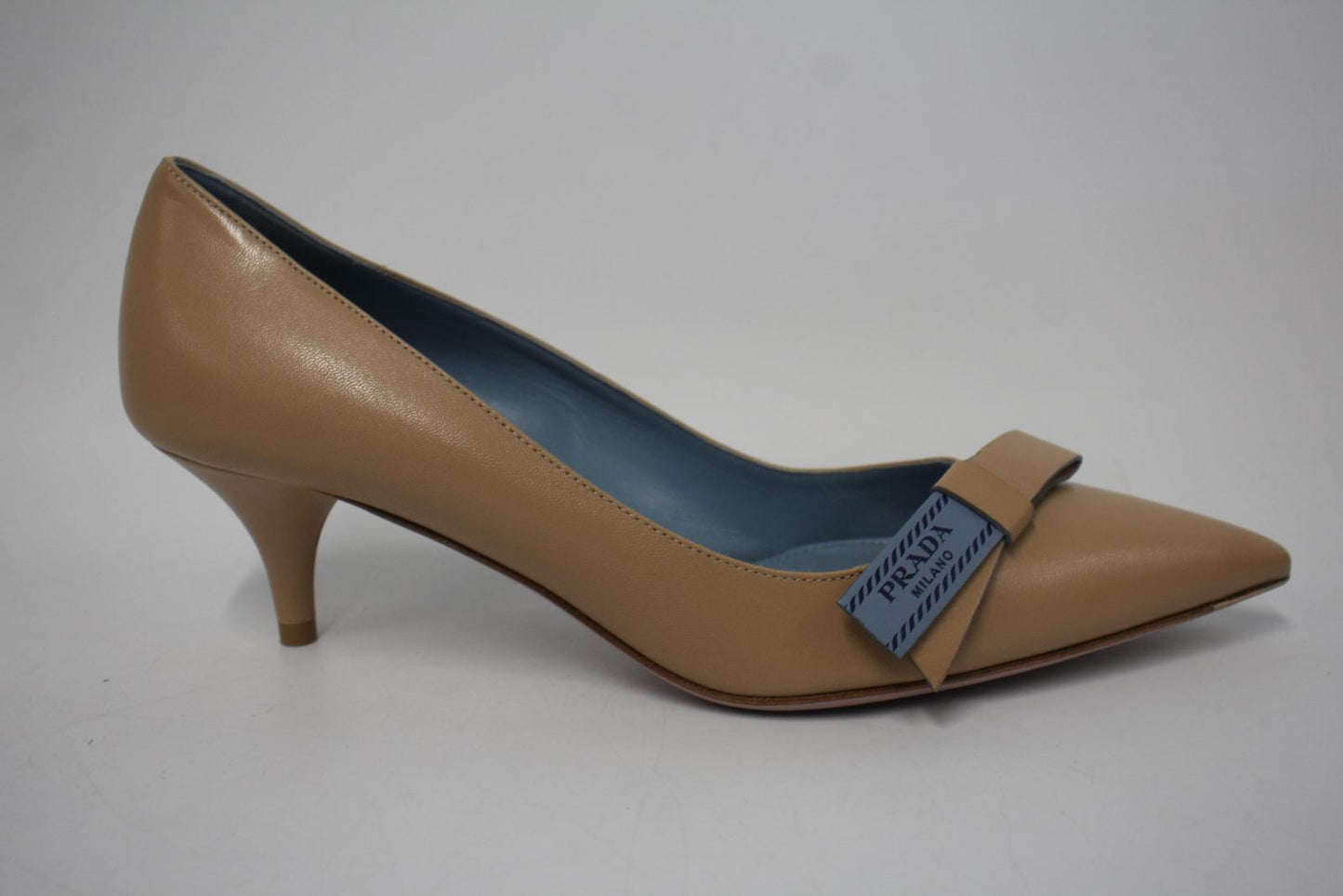 PRADA Ladies Tan Brown Leather Pointed Toe Kitten Heel Pumps Shoes EU38 UK5 NEW