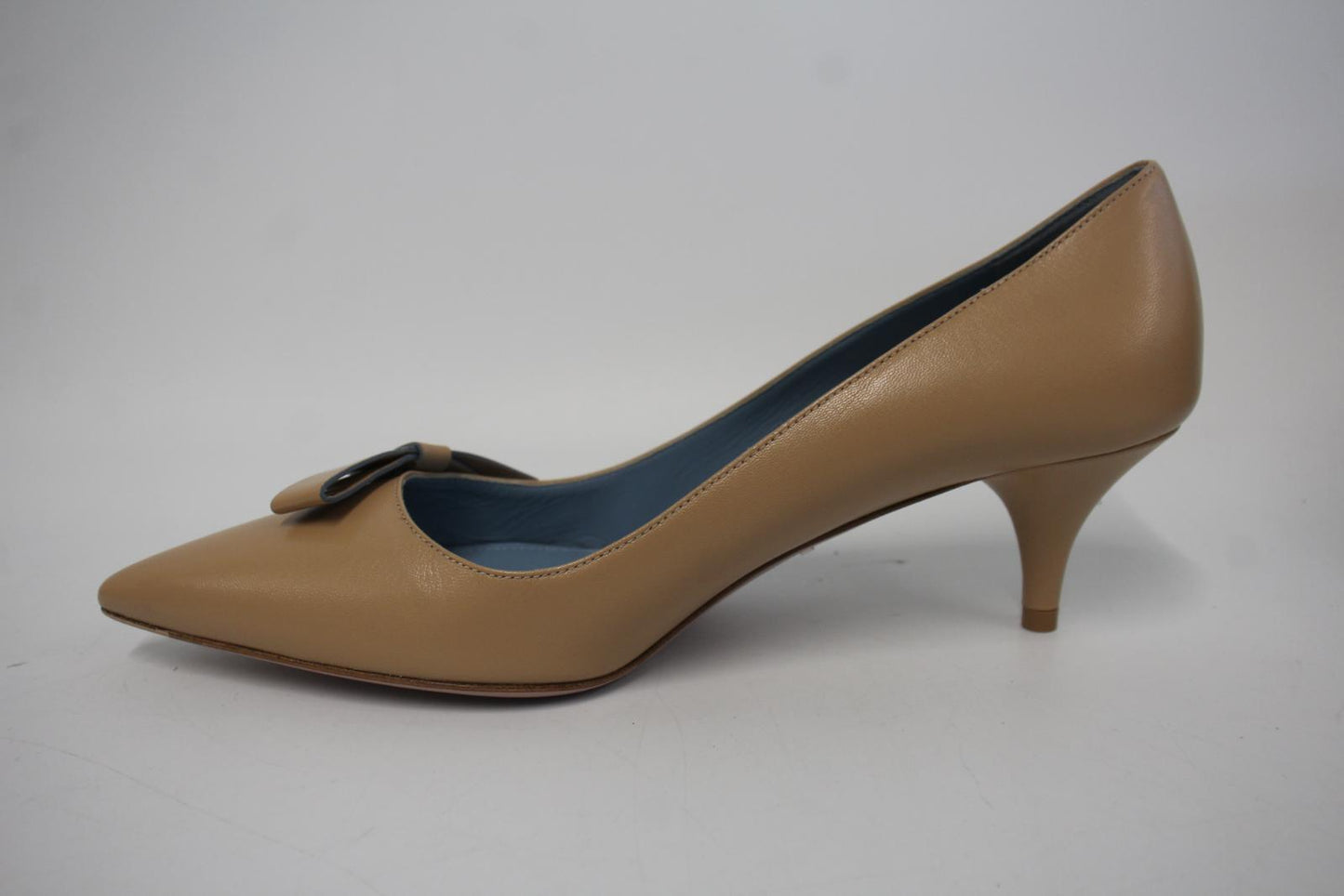 PRADA Ladies Tan Brown Leather Pointed Toe Kitten Heel Pumps Shoes EU38 UK5 NEW