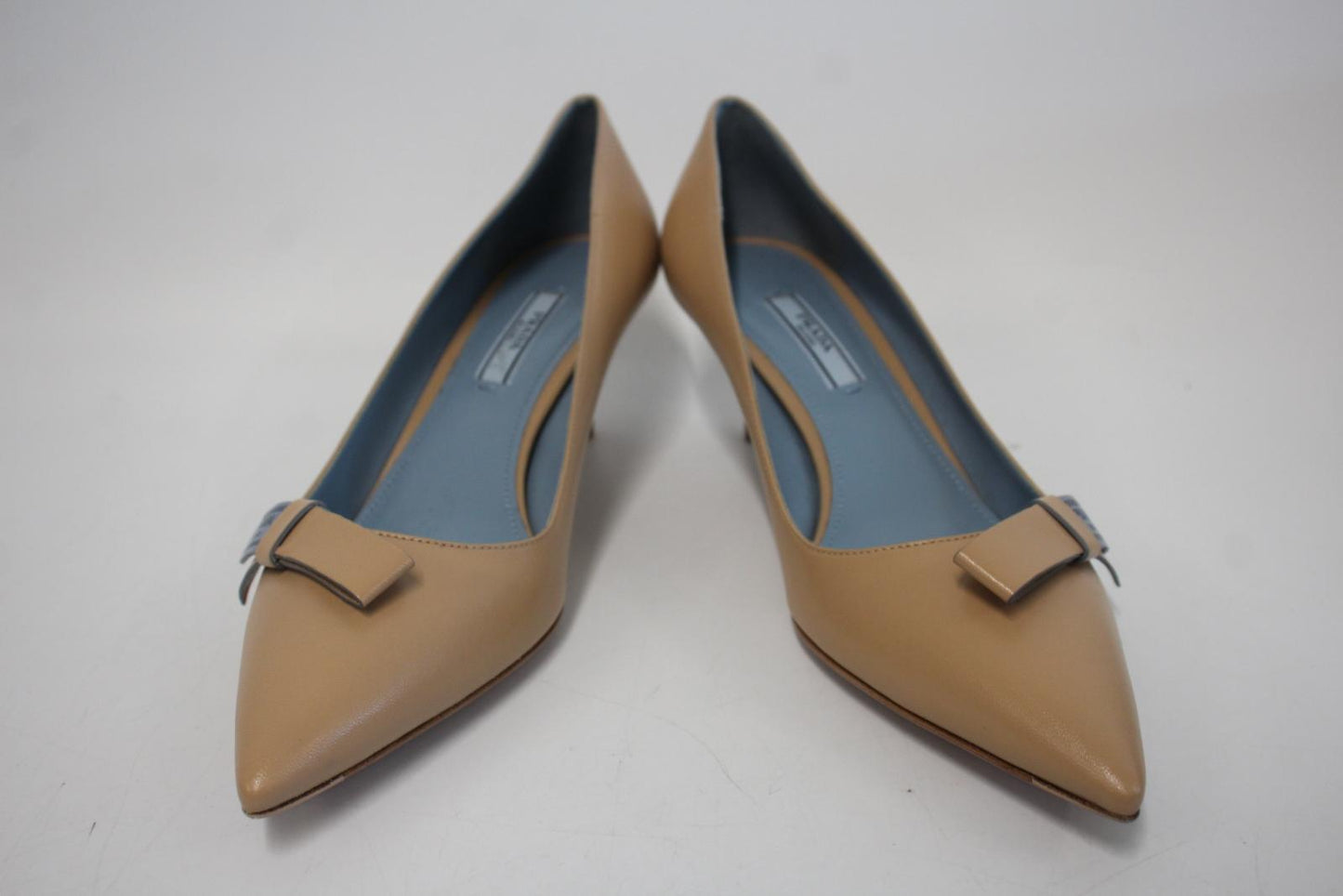 PRADA Ladies Tan Brown Leather Pointed Toe Kitten Heel Pumps Shoes EU38 UK5 NEW