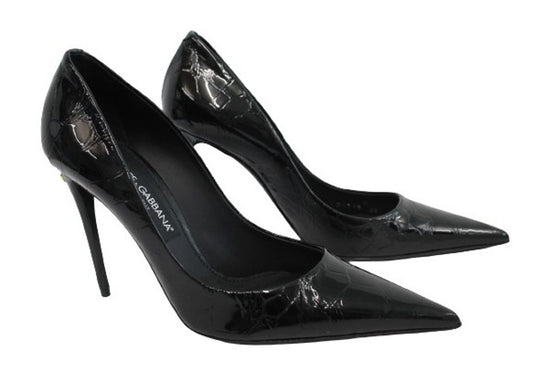 DOLCE & GABBANA Ladies Black Croc Print Patent Leather Pumps Shoes EU38 UK5 NEW