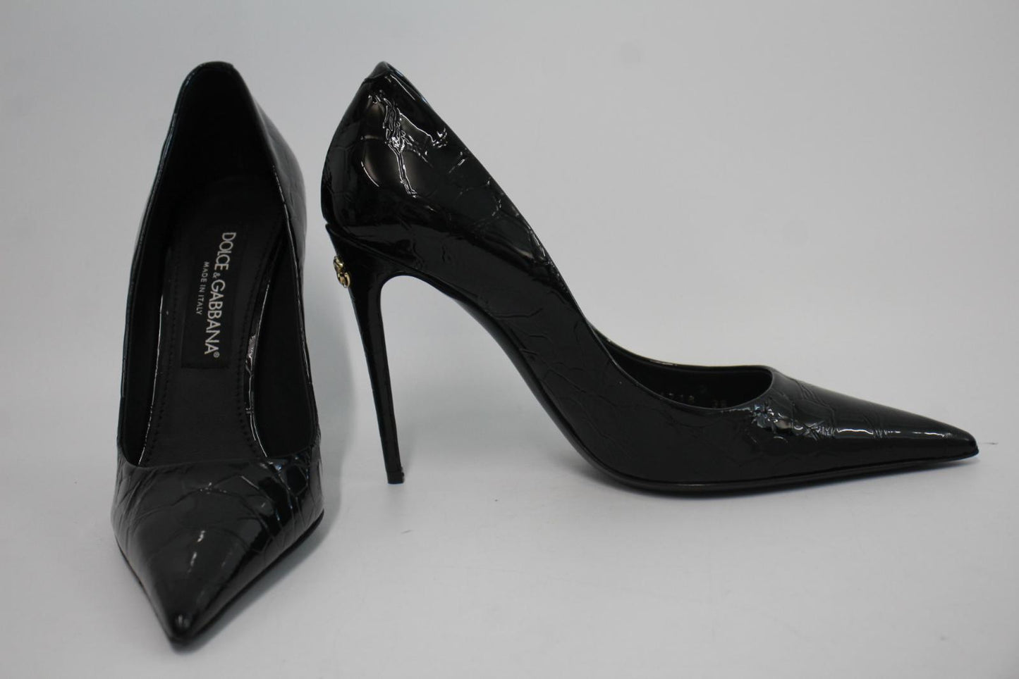 DOLCE & GABBANA Ladies Black Croc Print Patent Leather Pumps Shoes EU38 UK5 NEW