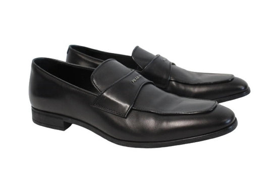 PRADA Men's 2DC192 Black Leather Logo Strap Business Shoes Size UK8.5 NEW
