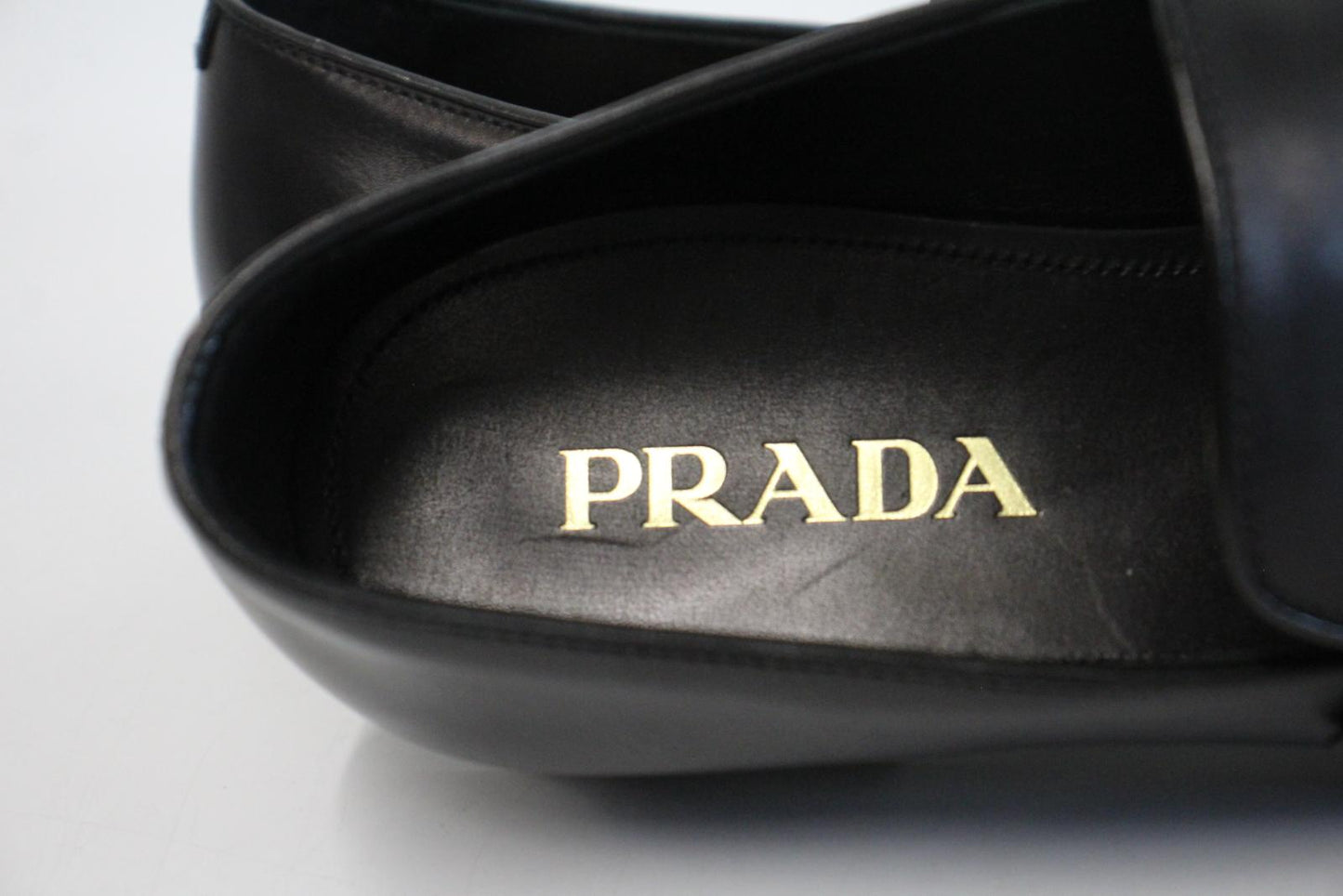PRADA Men's 2DC192 Black Leather Logo Strap Business Shoes Size UK8.5 NEW