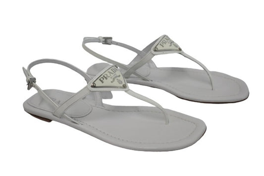 PRADA Ladies White Leather Triangle Logo Strappy Flat Sandals EU36 UK3 NEW