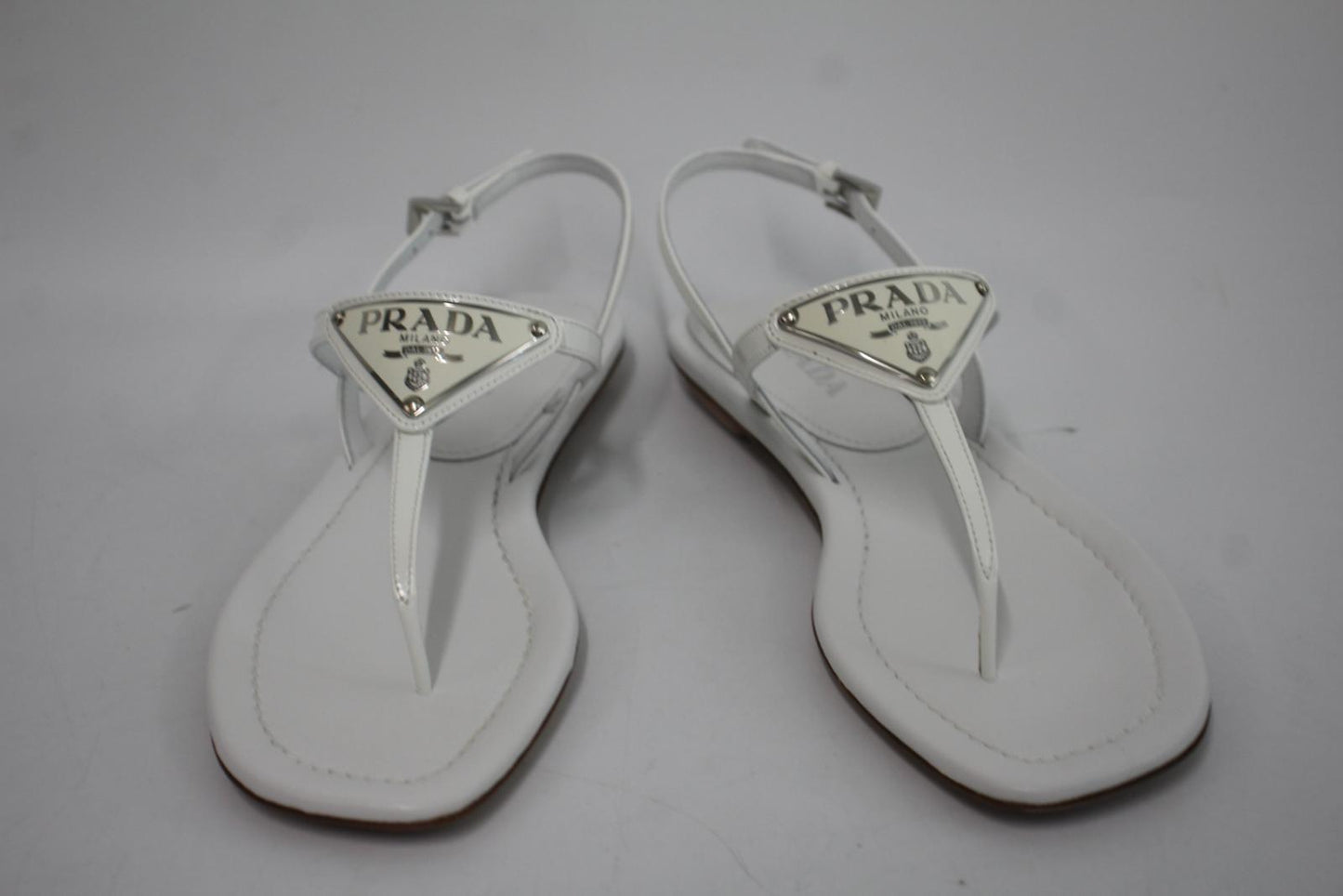 PRADA Ladies White Leather Triangle Logo Strappy Flat Sandals EU36 UK3 NEW