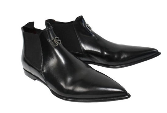 DOLCE & GABBANA Men's Black Leather Pointed Toe Logo Detail Shoes UK8.5 NEW