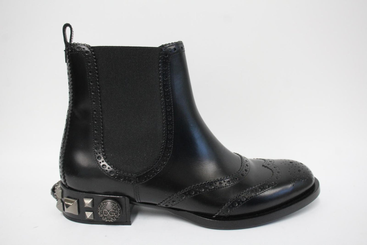 DOLCE & GABBANA Ladies Black Leather Studded Heel Brogue Chelsea Boots UK6 NEW