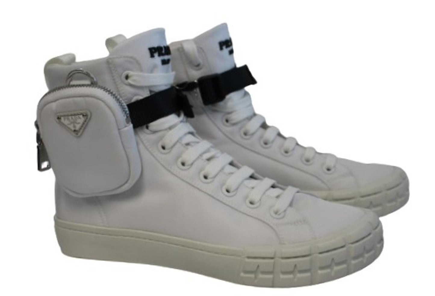 PRADA Men's White Wheel Re-Nylon High-Top Sneakers w Zip Pouch UK6.5 NEW