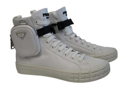 PRADA Men's White Wheel Re-Nylon High-Top Sneakers w Zip Pouch UK6.5 NEW