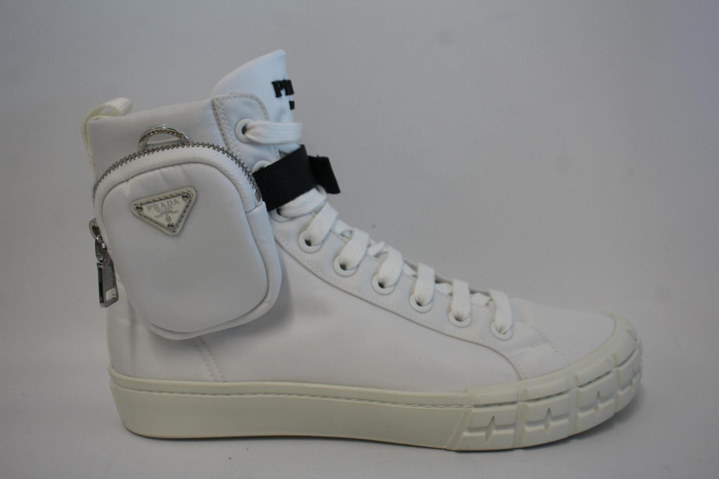 PRADA Men's White Wheel Re-Nylon High-Top Sneakers w Zip Pouch UK6.5 NEW