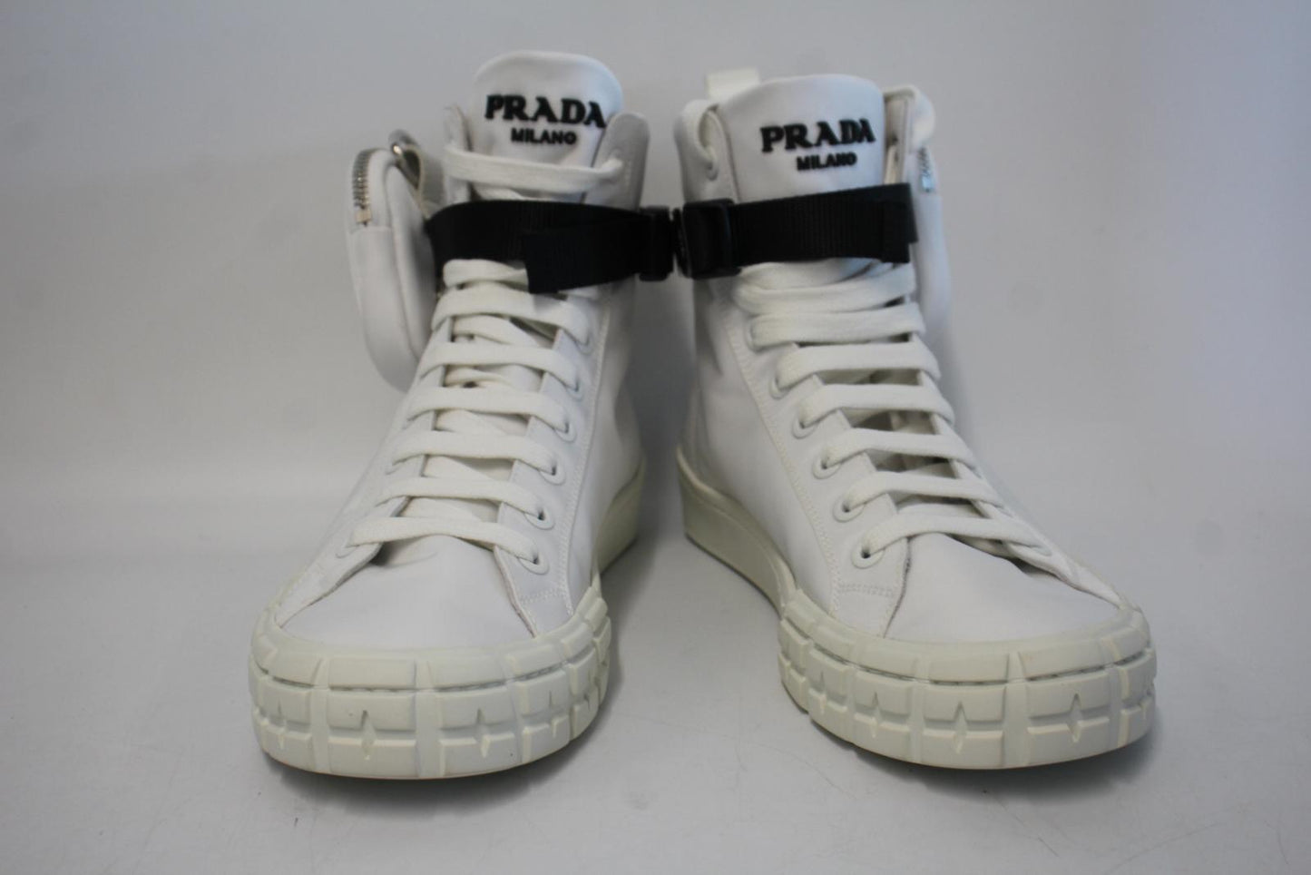 PRADA Men's White Wheel Re-Nylon High-Top Sneakers w Zip Pouch UK6.5 NEW