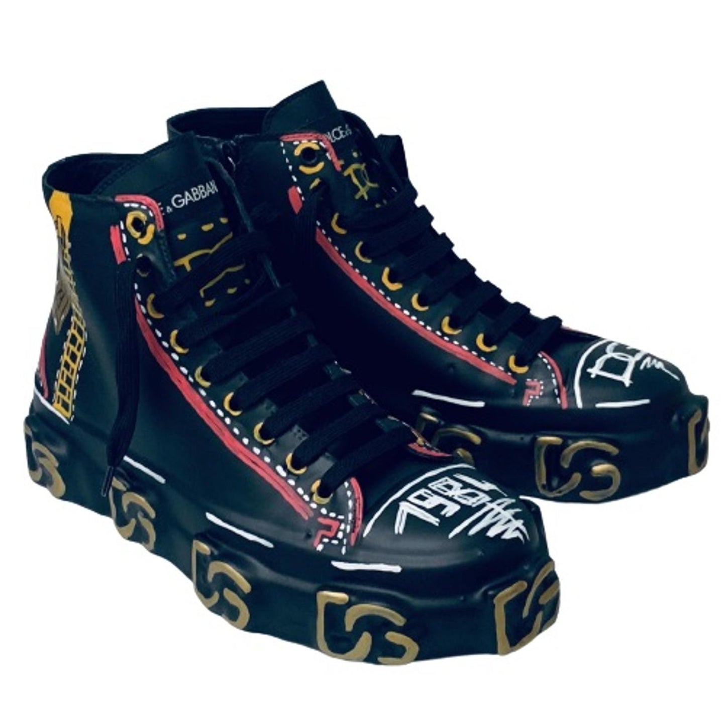 DOLCE & GABBANA Black Men's High Top Drawing Sneaker Trainer UK 8 NEW