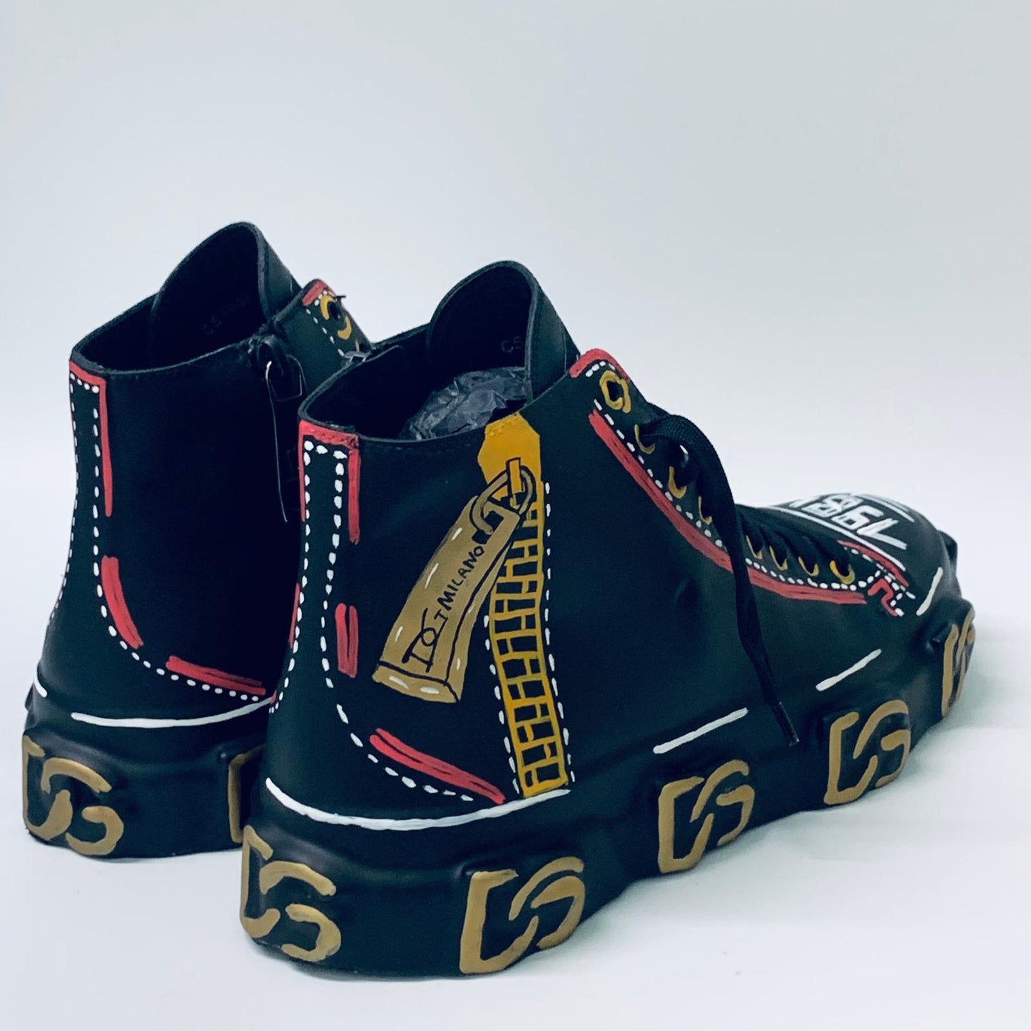 DOLCE & GABBANA Black Men's High Top Drawing Sneaker Trainer UK 8 NEW