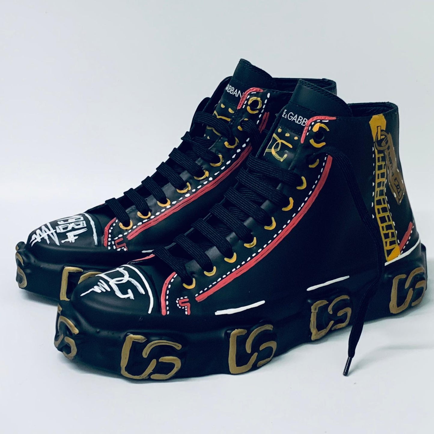 DOLCE & GABBANA Black Men's High Top Drawing Sneaker Trainer UK 8 NEW