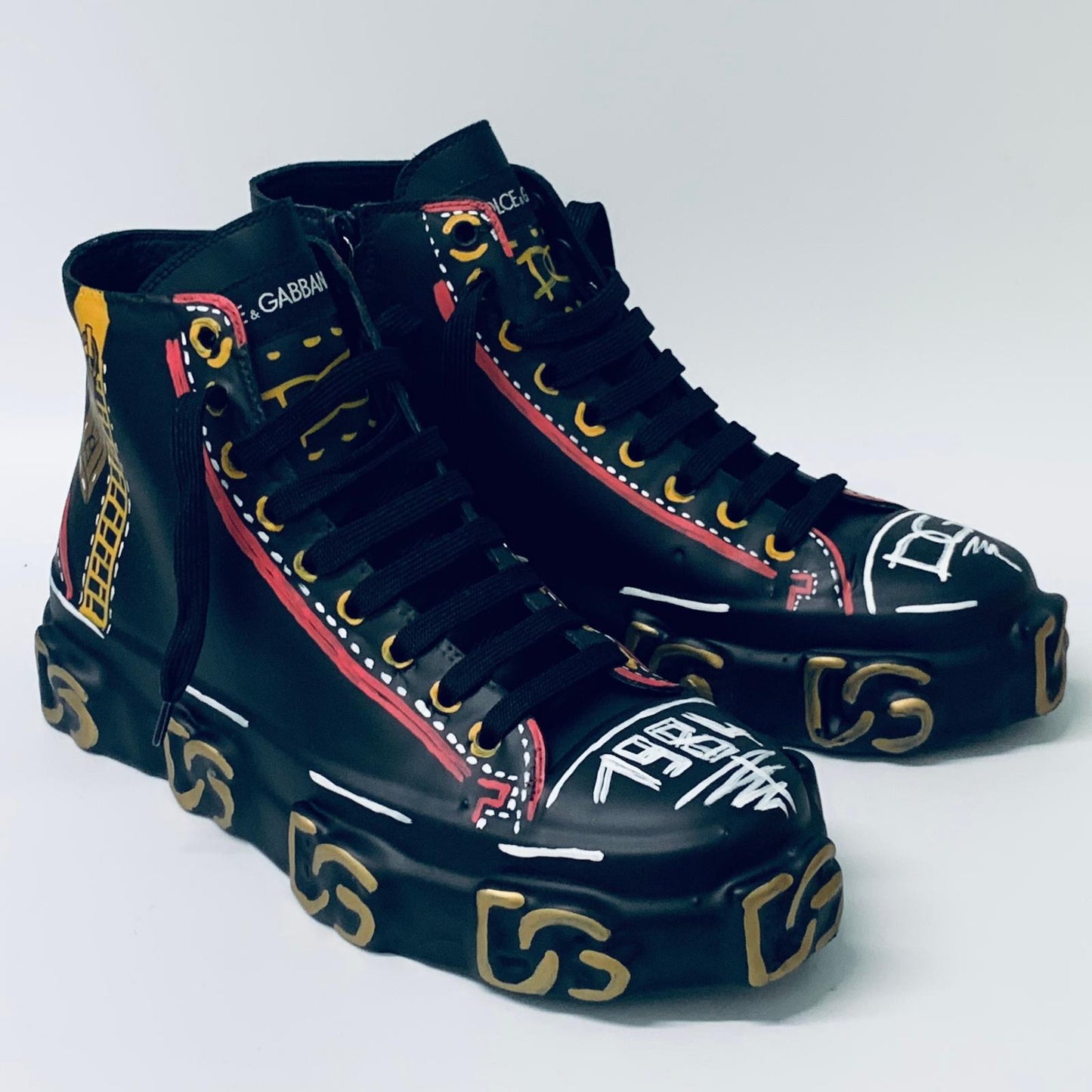 DOLCE & GABBANA Black Men's High Top Drawing Sneaker Trainer UK 8 NEW
